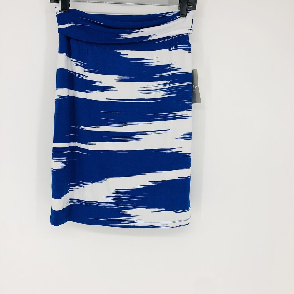 Athleta 2XS Printed Blue White Ikat Midi Pull On Skirt Fold Over Waist Casual